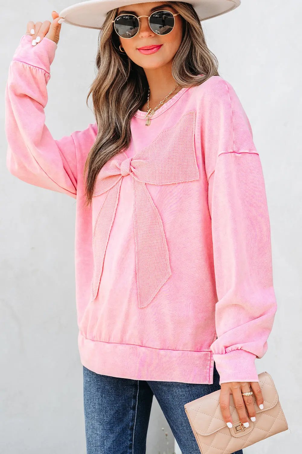 Premium Bright Pink Mineral Wash Big Bow Patchwork Pullover Sweatshirt Dear-Lover Dropshipping